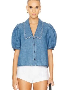 Frame Sailor Denim Puff-Sleeve Button-Up Top - Blue